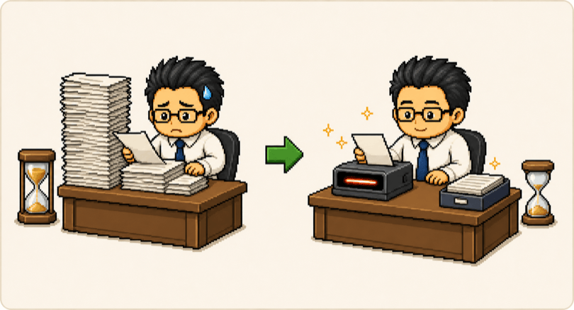 紙の束を手作業でめくって時間を使う状態から、機械にかざすだけで片付く状態へ変わることを表したドット絵