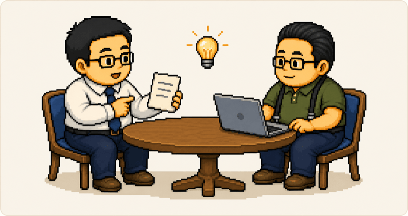 箇条書きのメモを指さして相談する会社員と、ノートPCを開いて聞いているシステム係のドット絵