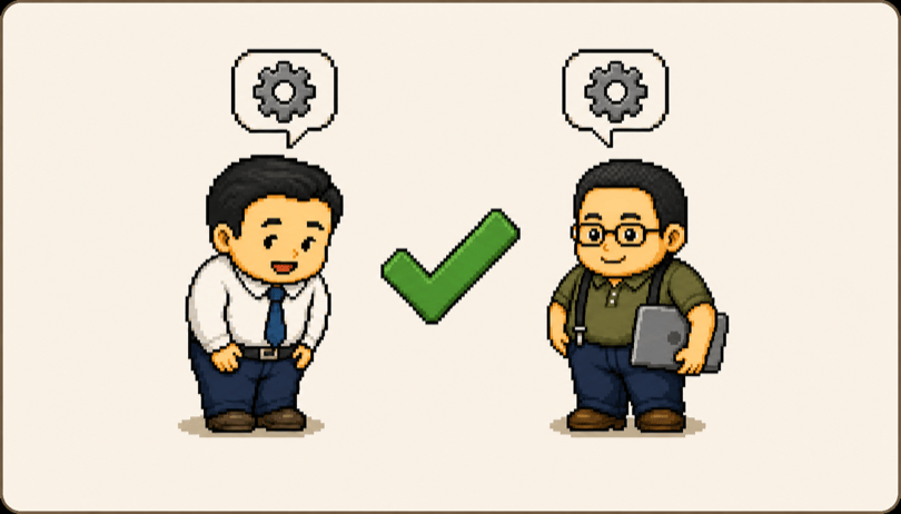 相談する会社員と、ノートPCを抱えた外部のITエンジニアが、同じ歯車の吹き出しで話が通じ合っているドット絵。ふたりの間に緑のチェックマーク