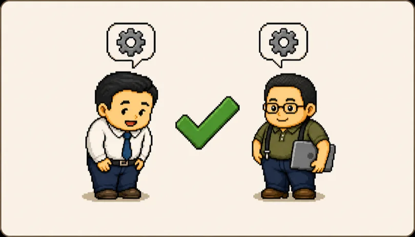 相談する会社員と、ノートPCを抱えた外部のITエンジニアが、同じ歯車の吹き出しで話が通じ合っているドット絵。ふたりの間に緑のチェックマーク