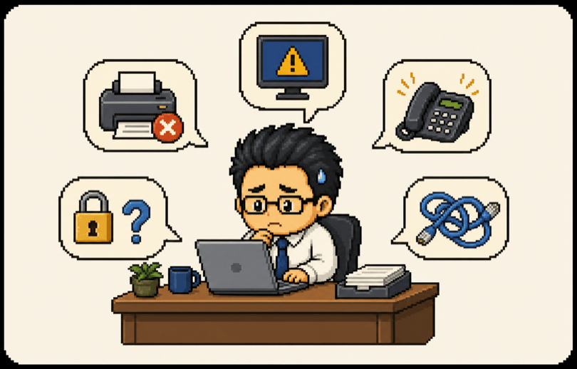 プリンタのエラー、警告の出たPC、鳴り続ける電話、パスワード忘れ、絡まったLANケーブル——トラブルの吹き出しに囲まれ、デスクで困り顔のひとり情シス担当者のドット絵