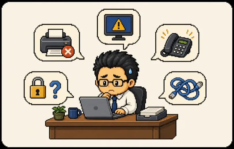 プリンタのエラー、警告の出たPC、鳴り続ける電話、パスワード忘れ、絡まったLANケーブル——トラブルの吹き出しに囲まれ、デスクで困り顔のひとり情シス担当者のドット絵