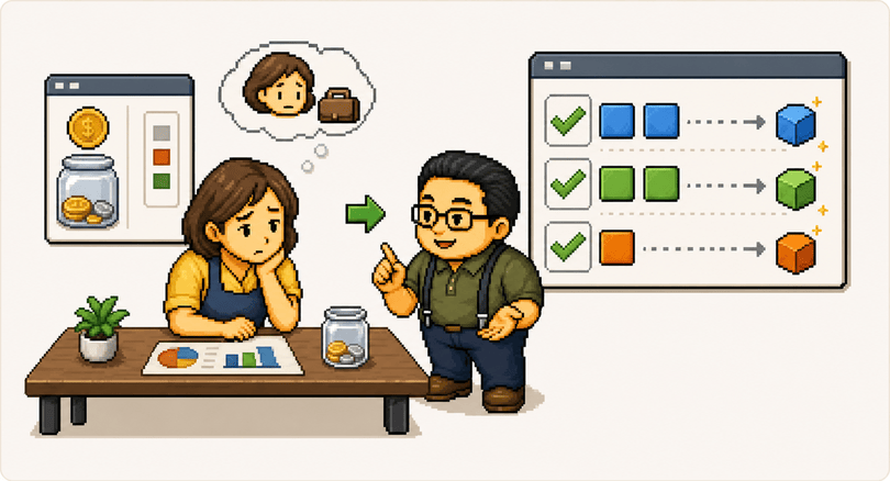16-bit pixel art of a limited budget being split into small implementation steps
