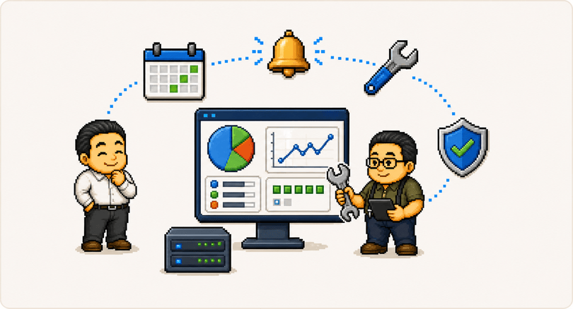16-bit pixel art of ongoing operations and maintenance, not build-and-forget