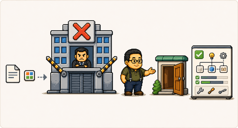 16-bit pixel art of an independent engineer catching a small request turned down by a development company